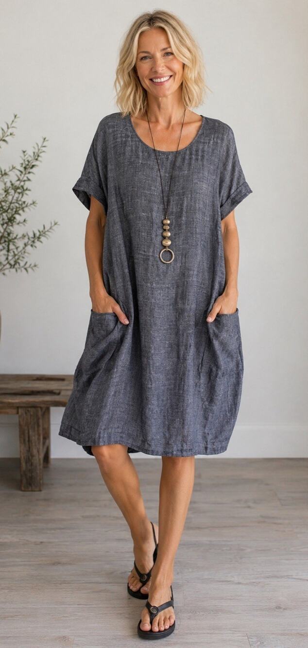 52 Seven Dress XL Linen Blend Pockets Lagenlook Oversized Pockets Navy